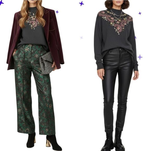 Black Embroidered Beaded Embellished Sweater Ramie Cotton L - Picture 1 of 13